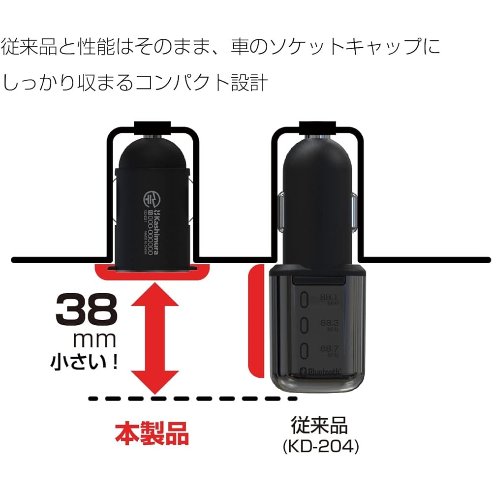 Kashimura Bluetooth FM transmitter NKD-231 black with an ultra-compact design that closes the genuine socket cap