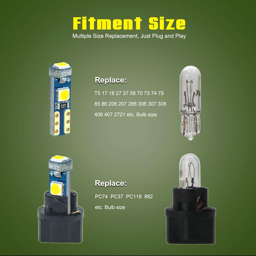 12V White T5 37 74 73 2723 2721 T10 158 168 168 194 2825 Socket Instrument Cluster with LED bulb replacement Dashboard Gauge Indicators Lamp PC74 PC118 PC16194 PC194 5 PC161 50 PC161