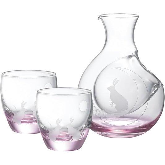 Otsukaglass Rabbit Glass Carafe & Sake Cup Set 16-756-5 Carafe - Approx. Diameter 3.8 x Width 9.4 x Height 12.5cm, Round Sake Cup - Approx. Diameter 5.7 x Height 6.1cm