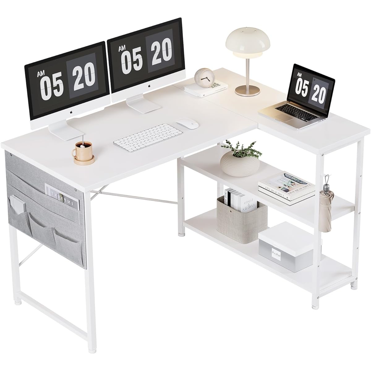 YeTom L-shaped desk PC desk gaming desk right shelf left shelf width 107cm study desk gaming table computer desk study desk bàn học computer desk work desk with storage bag white