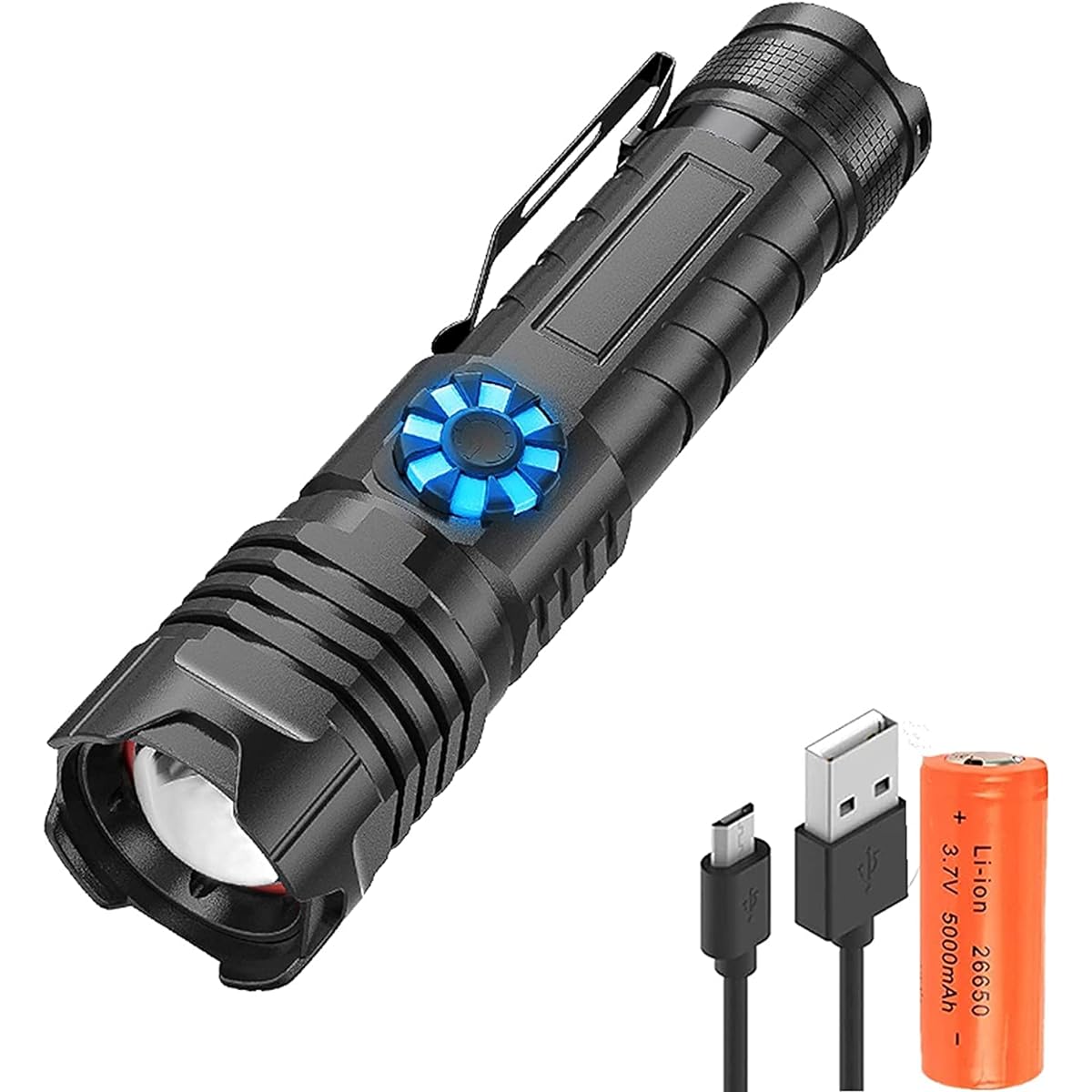 LED Flashlight USB Rechargeable, XHP99 8000 Lumens Super Bright Tactical Flashlight, 4 Modes Stepless Dimming Zoomable Waterproof Powerful Handheld Torch Light for Camping Hiking Emergency