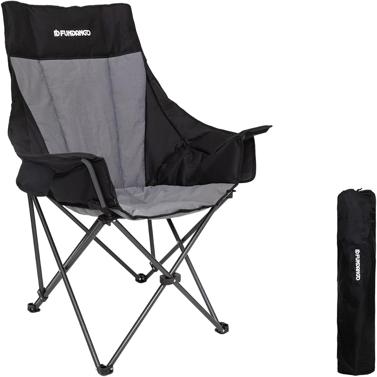 FUNDANGO Outdoor Chair, Folding, Convergence Type, High Back, No Assembly Required, Opens/Closes in 5 Seconds, Portable, Includes Pocket, Load Capacity 150 kg, Camping Chair, For Fishing, Climbing, Indoors, Outdoors, Storage Bag Included