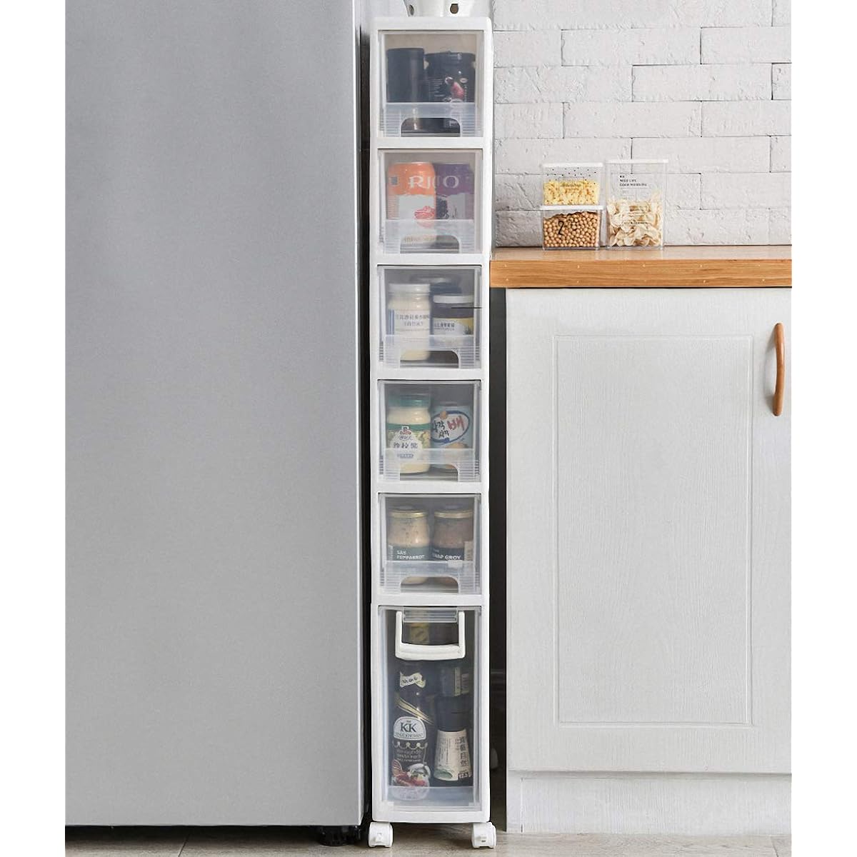 PFLife Gap Storage 16cm Finished Product Gap Storage Drawer Slim Chest Storage Box Drawer Washroom Storage Dressing Room Storage Kitchen Chest 6 Tiers with Casters (White, 6 Tiers-NEW)