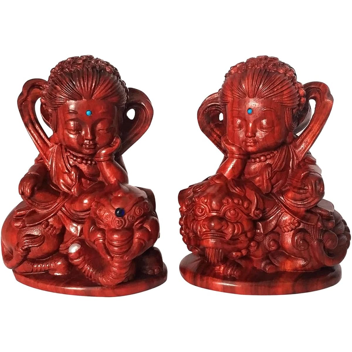 Buddha Statue Manjusri Bodhisattva Fugen Bosatsu Seated Statue (Wooden: Small Leaf Rosewood) Wood Carving Ornament Set of 2 Amulets Twelve Zodiac Guardian Buddha (Height 10cm x Width 7.5cm x Depth 5cm)