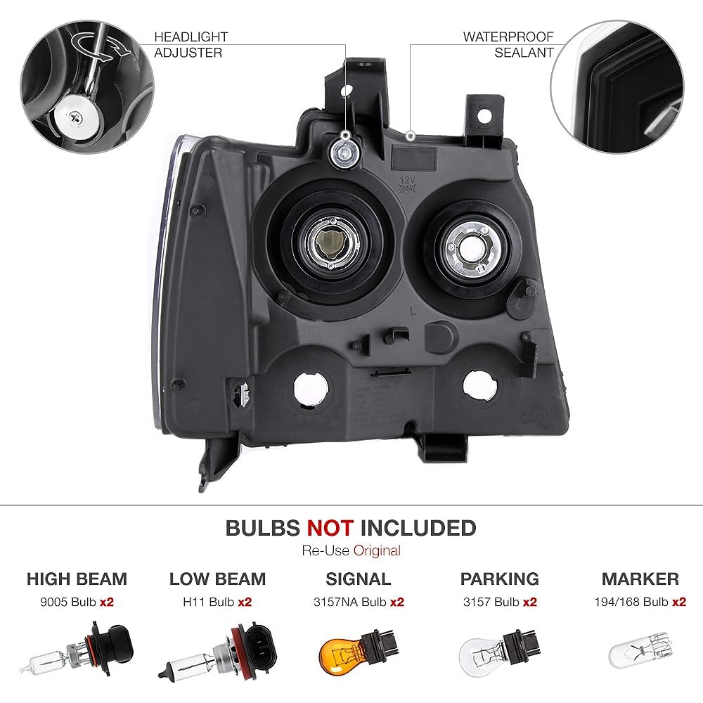 VIPMOTOZ Black Housing OE Style Head Light Head Lamp Acembris 2007-2014 Chevrolet Avarante Taho Subarban 1500 2500 Ride seats & passenger seat side
