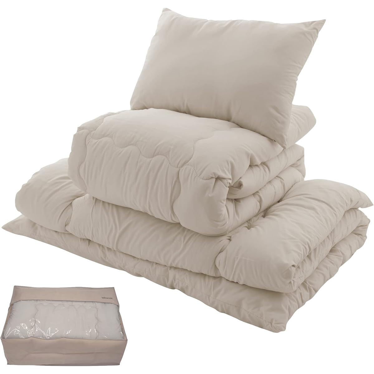 AQUA Futon Set, Dust-resistant, Washable Futon, 4 Piece Set, Semi-Double, Greige [Comforter/Mattress/Pillow/Storage Case] Smooth and Smooth Peach Skin Processing New Life (Former Company Name: Nice Day) 551502N8