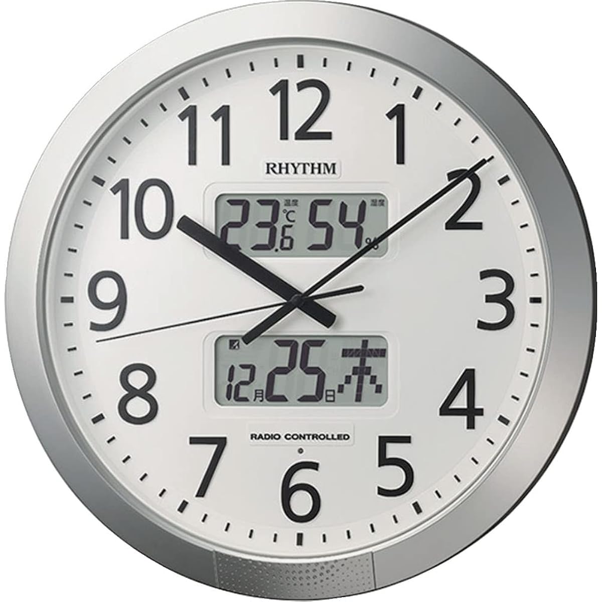RHYTHM Wall Clock Radio Controlled Clock Office 36 Times Chime Function Temperature Humidity Calendar Time Signal Function Quiet Silver Φ43x6.6cm Office Supplies Factory Office 4FN404SR19