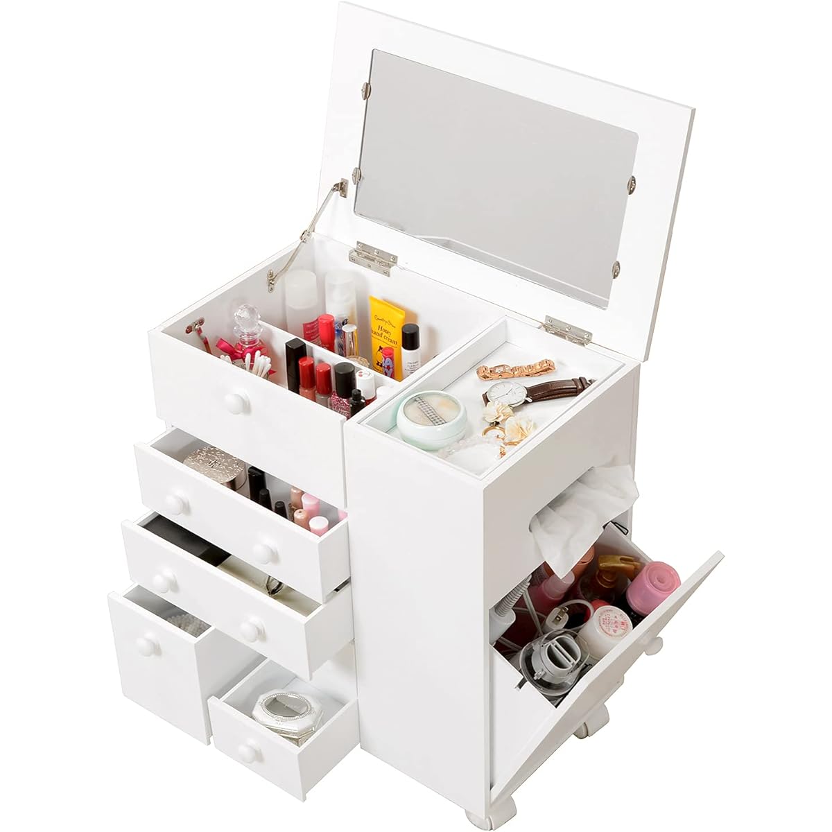 Hagiwara Cosmetic Wagon Mirror Stand Cosmetic Box Dresser White Width 46 x Depth 28 x Height 50.5 cm Plenty of Storage With Casters MUD-6649WH 1 unit