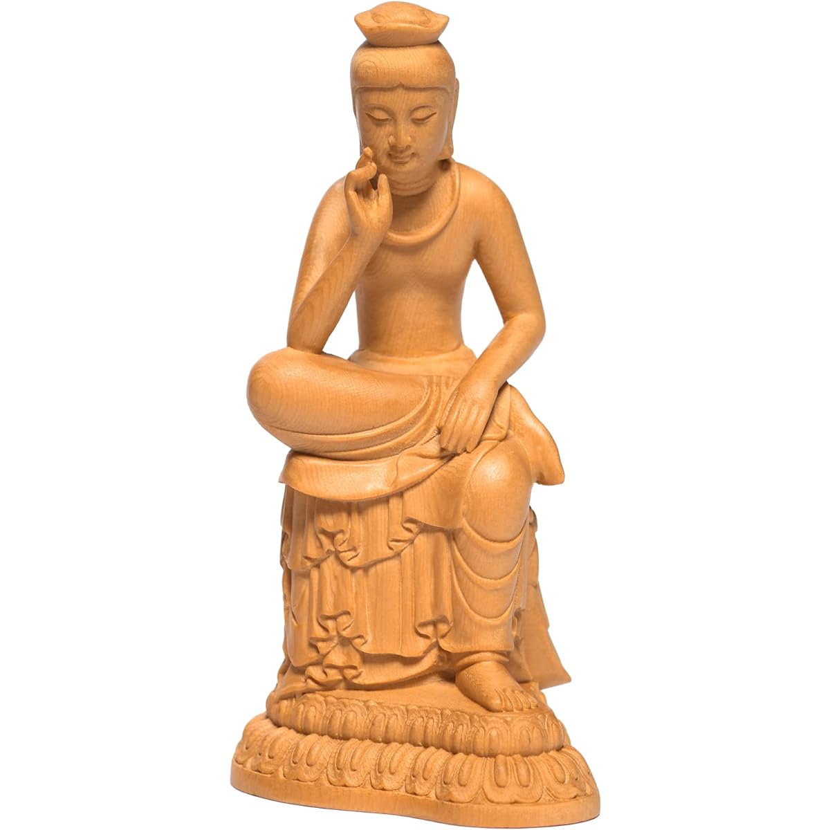 Hanro Art Sculpture Buddha Statue Maitreya Bodhisattva Half-prostrate Thought Statue Wood Carving Buddhist Altar Buddha Statue Ornament Wooden Cypress Wood Color (Height 12 cm x Width 5.5 cm x Depth 7 cm) (Log Wood Color)