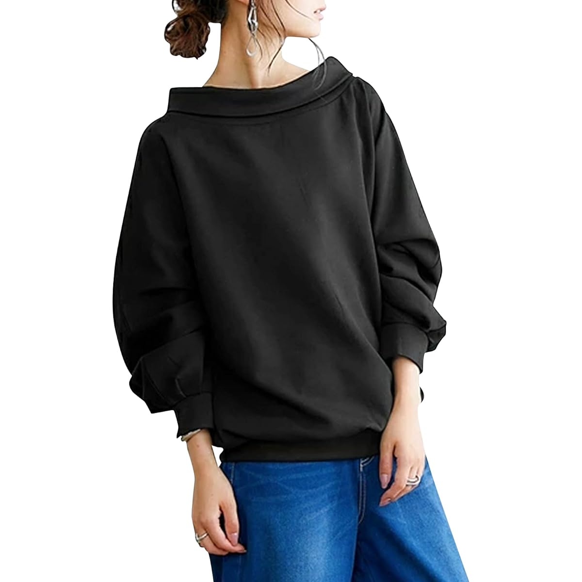 [Tiernyueth] Women's Sweatshirt, Pullover, Long Sleeve, Top, Crew Neck, Smooth Touch, Beautiful Look, Punch Material, Roll Neck, Grace, Plain, Cold Protection, Loose, Casual, Large Size, Looks Slim, Office, Commuting, Spring, Autumn, Winter