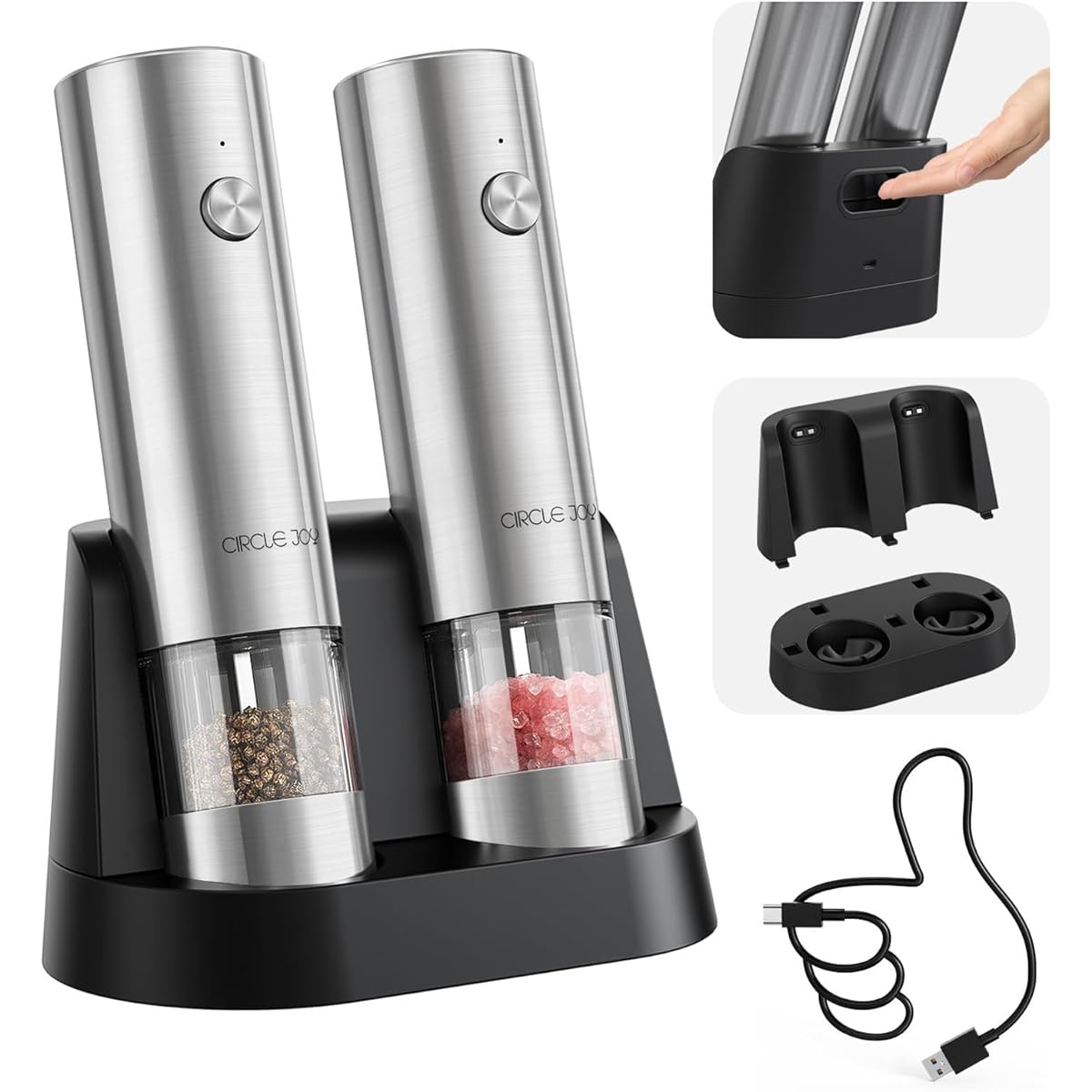 CIRCLE JOY Electric Pepper Grinder Mill (2 Pack) USB Rechargeable Salt Pepper Grinder with Ceramic Grind and LED Light Adjustable Coarseness Stainless Steel