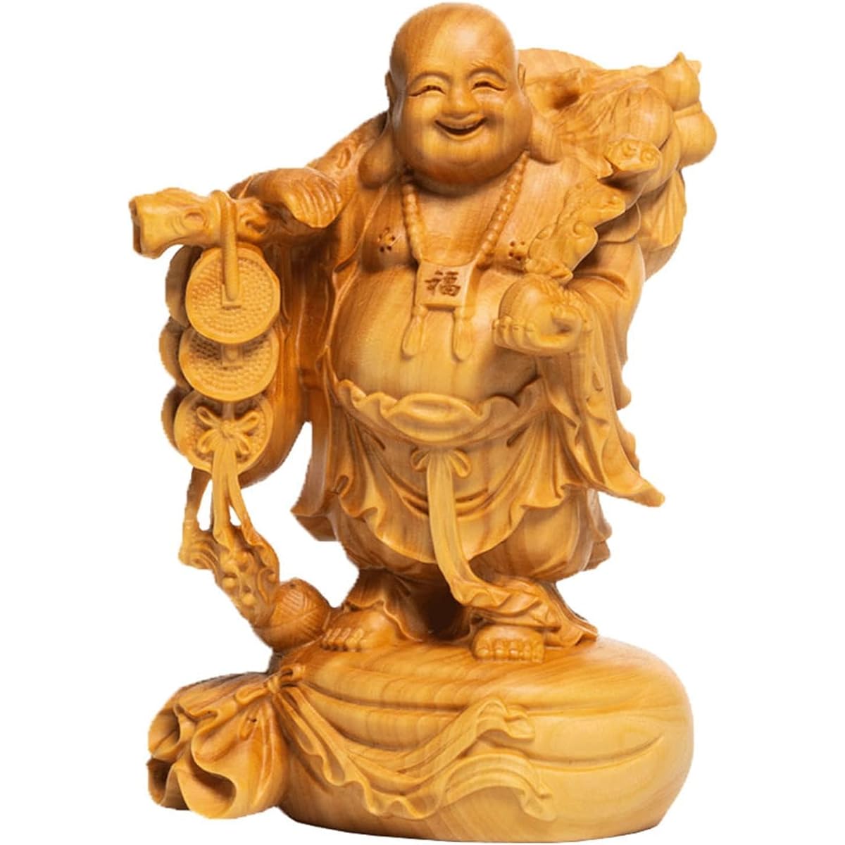 Buddha Statue Wood Carving Mini Seven Lucky Gods Ornament Hotei High Quality Natural Boxwood Wood Carving Hotei-sama Feng Shui (Height 10cm)