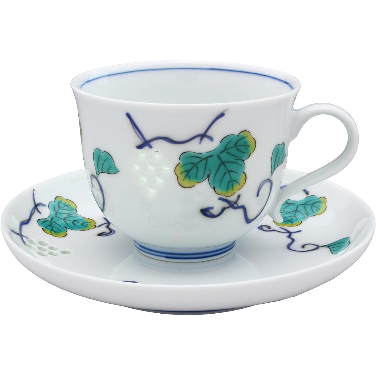 Saisei Ceramic Cup_Saucer White 210ml Hasami Ware Crystal Carving Coffee Bowl Dish Large Grape Painting