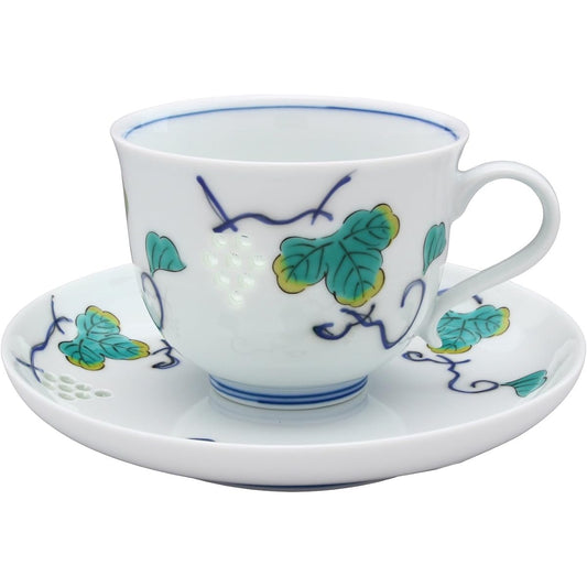 Saisei Ceramic Cup_Saucer White 210ml Hasami Ware Crystal Carving Coffee Bowl Dish Large Grape Painting