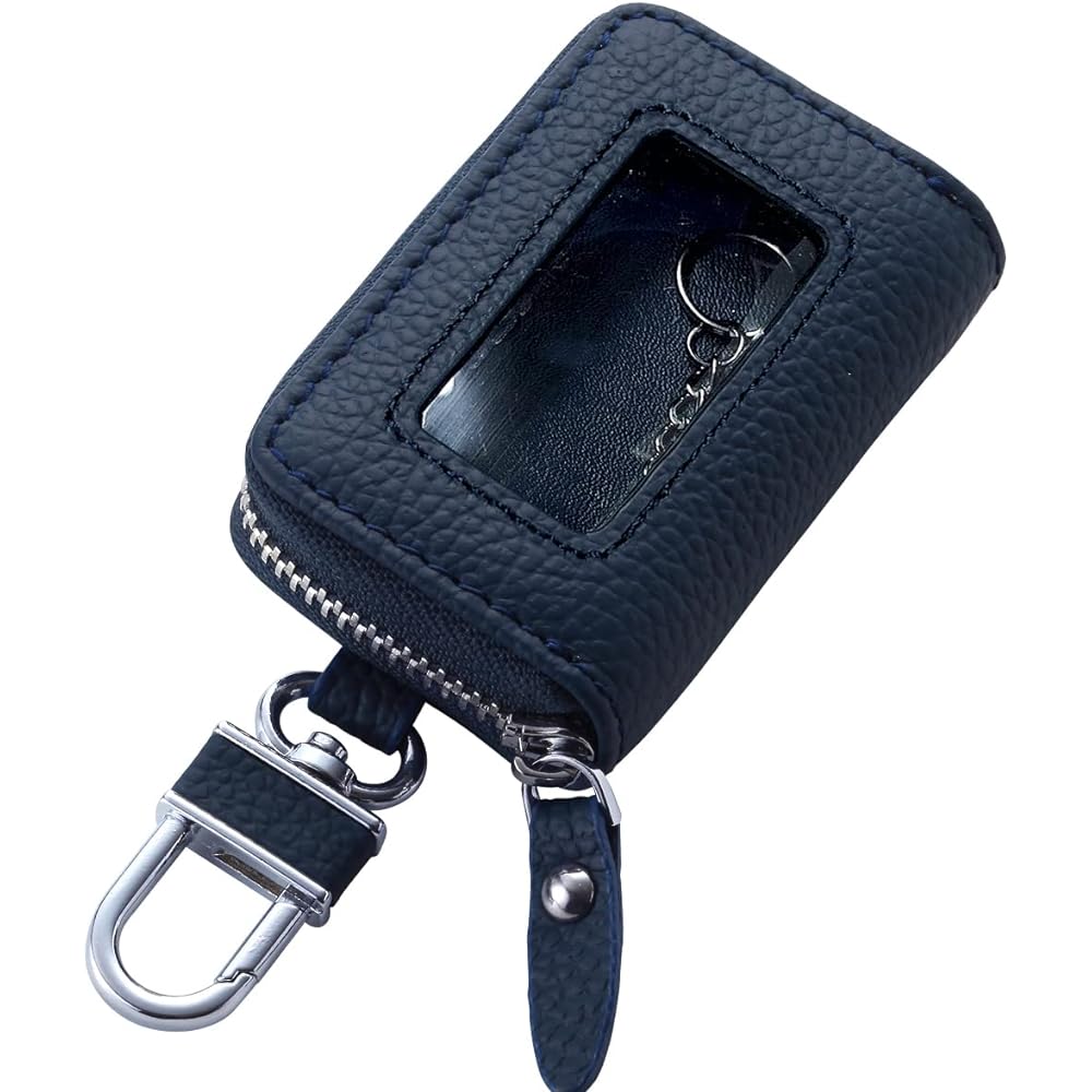 Smart key case with clear window navy genuine leather key case ASK-CM012