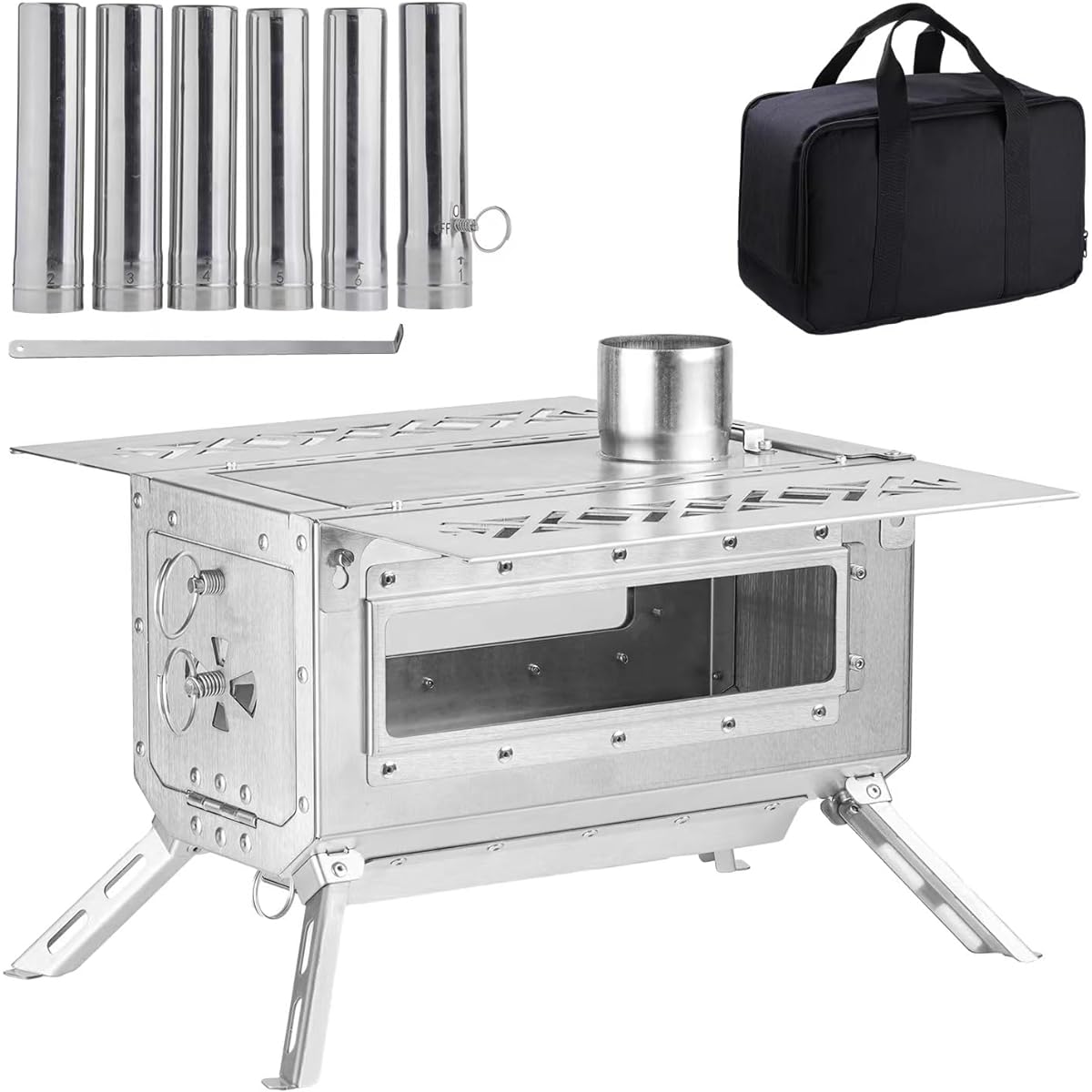 Wood Stove, Camping, Wood Stove, Camping Stove, Portable, Tabletop, Oud Fireplace, Bonfire Stand, Tent Cooking, Outdoor BBQ, Chimney/Heat-resistant Glass Window/Side Shelf Included