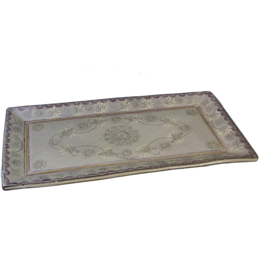 Kyoto ware, Kiyomizu ware, long square plate, pottery kiln, purple color pattern PTM685