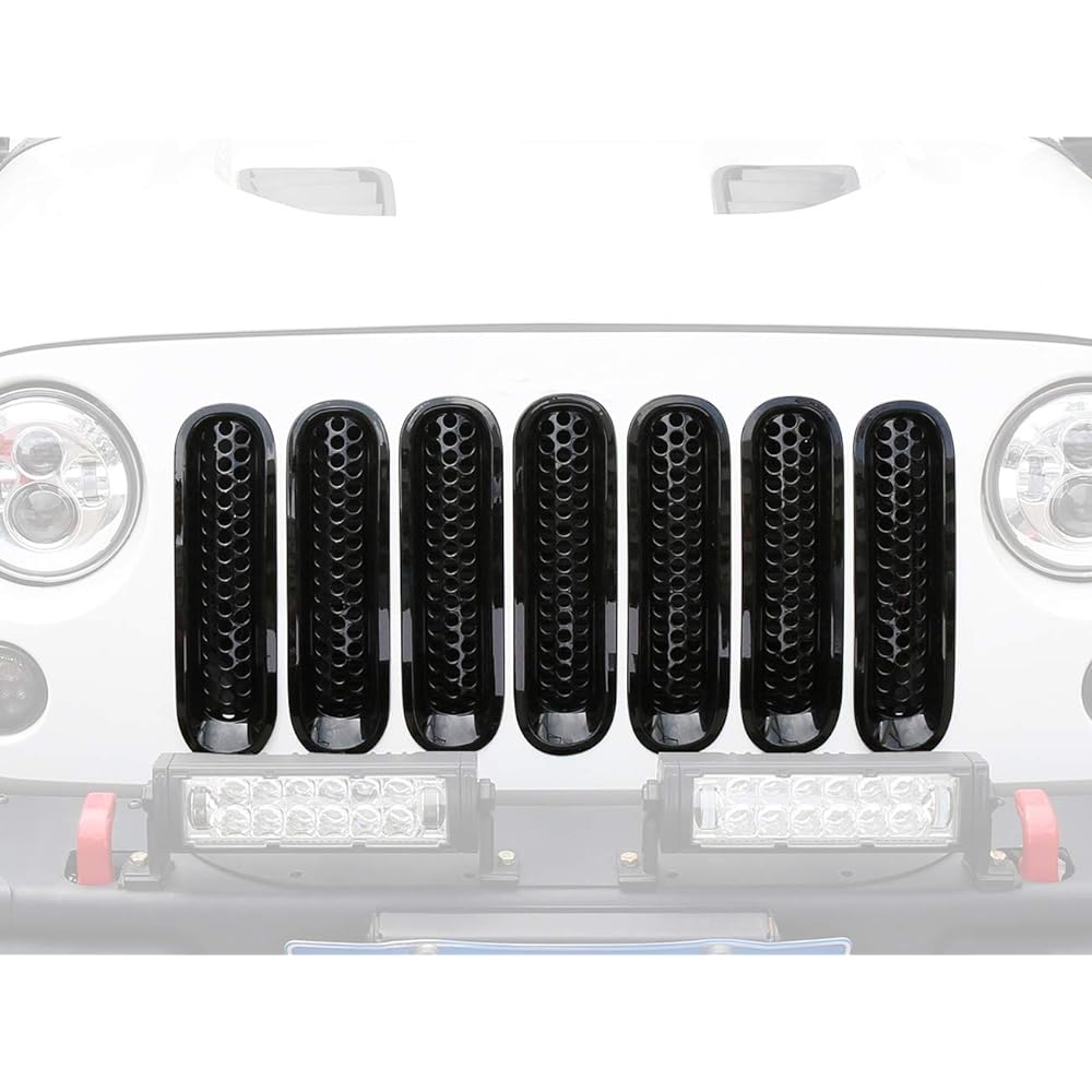 HOKE ROAD [Version Up] OPAR SHINY Black Front Mesh Grill Insert 2007-2015 Steel Headlight Cover Guard & Wrangler Annted (7 packs)