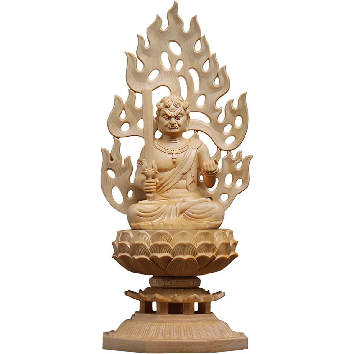 Hanro Art Sculpture Buddha Statue Fudo Myoo Buddhist Altar Buddha Statue Wooden Cypress Wood Carving Octagonal Pedestal Flame Halo Year of the Rooster Protective Principal Image Pray Harem (Height 28cm x Width 12cm x Depth 12cm) (Fudo Myoo)
