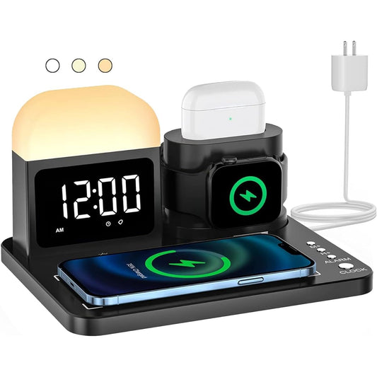 Wireless charger stand 3 in 1, 15W rapid charging, built-in clock, alarm clock light, 3-color LED desk lamp, compatible with iPhone, Apple Watch, AirPods, Samsung simultaneous charging, tabletop charging station, Apple watch charger, nursing light with c
