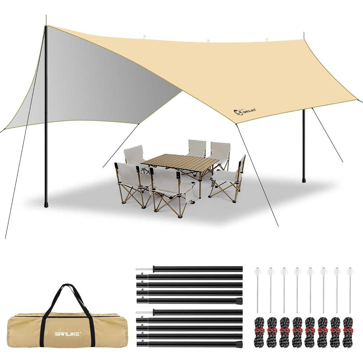 SANLIKE Tarp Awning Waterproof Tarp 19 Loops Water Resistant 3000mm UPF50+ Camping Tarp Tent Tarp Sunshade Thermal Shading Sun Shelter Camping Equipment Comes with 8 Tent Ropes and Pegs Storage Case Included Khaki Color (300*400cm, Tarp (2.54M Pole) with