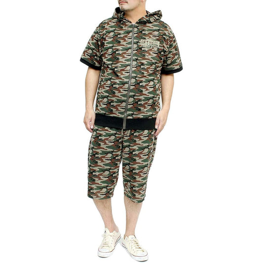 [One Colors] Men's Setup, Large Size, Camouflage Print, Short Sleeve, Hoodie, Shorts, Military Jersey, Top and Bottom 2-Piece Set