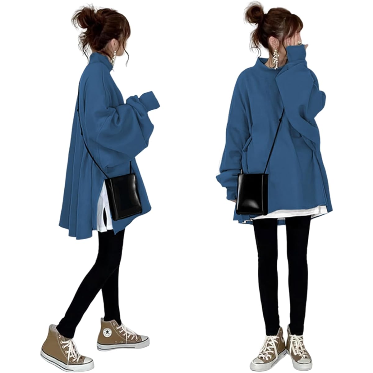 [TeMibery Lyric] Women's Sweatshirt, Sweatshirt, Autumn/Winter, Parka, Long Sleeve, Faux Layered, High Neck, Pullover, Cute, Loose, Thin, Brushed Lining, Large Size, Stylish, Top, Autumn Clothes, Autumn Clothes, Beautiful, Commuting, Body Covering, Korea