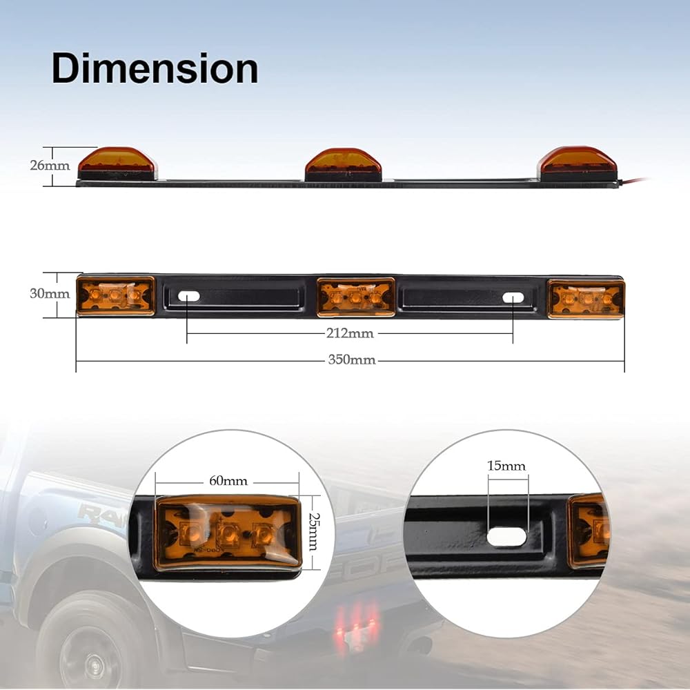 PARTSAM 2 Unber Rack Trailer ID Light Bar 9LED 3 Lamp Front Clearance Identification Light Bar Amber Clearance Marker Light Strip Bar Stainless Steel Bracket Waterproof