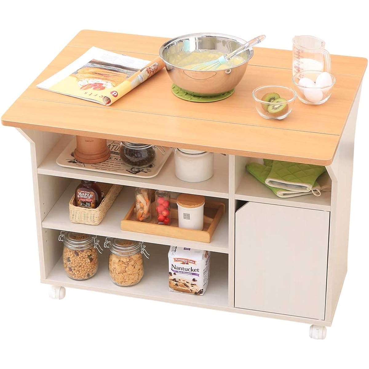 IRIS OHYAMA Kitchen Counter Computer Desk Storage Kitchen Wagon Beach/White Width 90cm Comes with Double Doors Butterfly Table that Can Be Opened and Closed