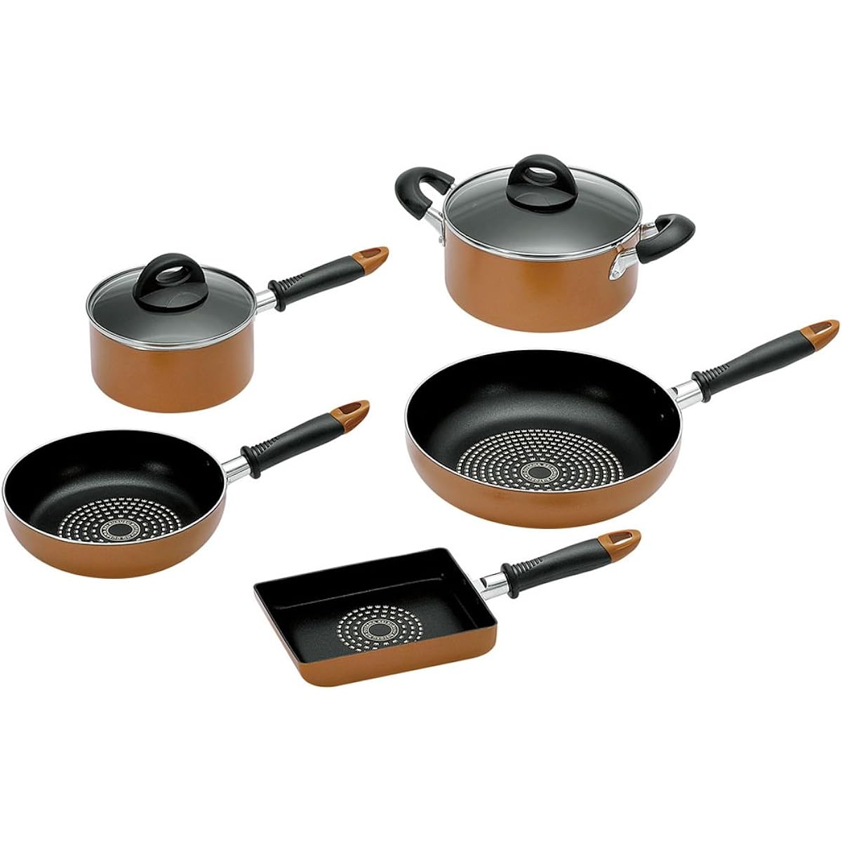 Yokoyama Kei Kurusu IH Compatible Kitchen Tools Set of 5 (Frying Pan 20cm, Tamagoyaki 13 x 18cm, Frying Pan 26cm, One Hand Pot 16cm, Two Hand Pot 20cm) KKCH-1500S Brown