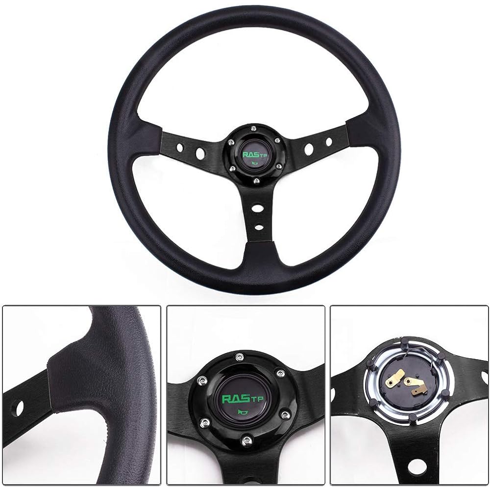RASTP Steering Wheel Diameter 350mm Lightweight Aluminum Leather Car Replacement Deep Cone (Black)