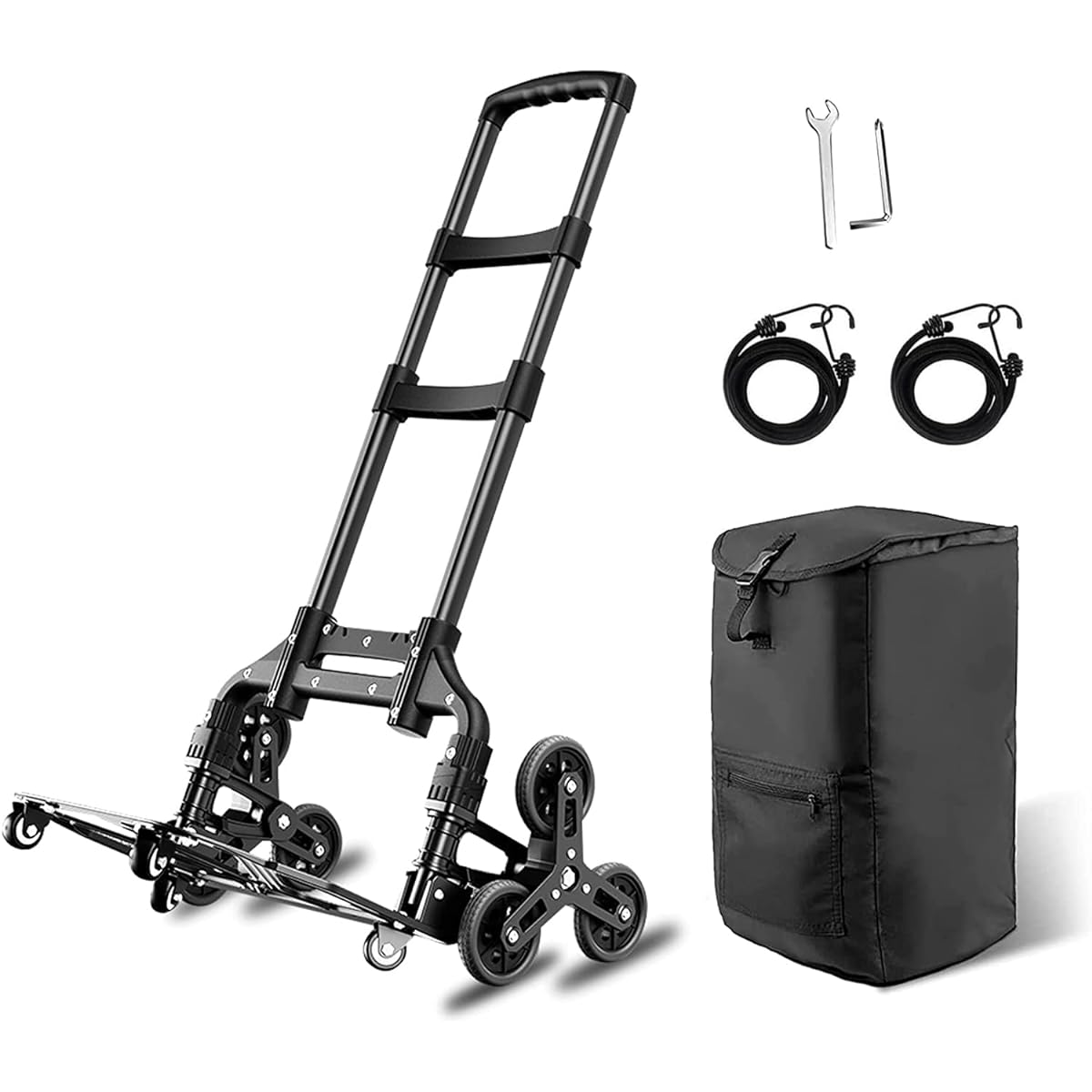 Carry Cart, Foldable, Hand Carry, Stairs, 3 Wheels, 10 Wheels, Step Cart, 360 Degree Rotation, Quiet, Large Tires, Height Adjustable, Lightweight, Load Capacity 80KG, Camping, Outdoors, Moving, Disasters, Shopping, Traveling, Includes 2 Fixed Ropes (Blac