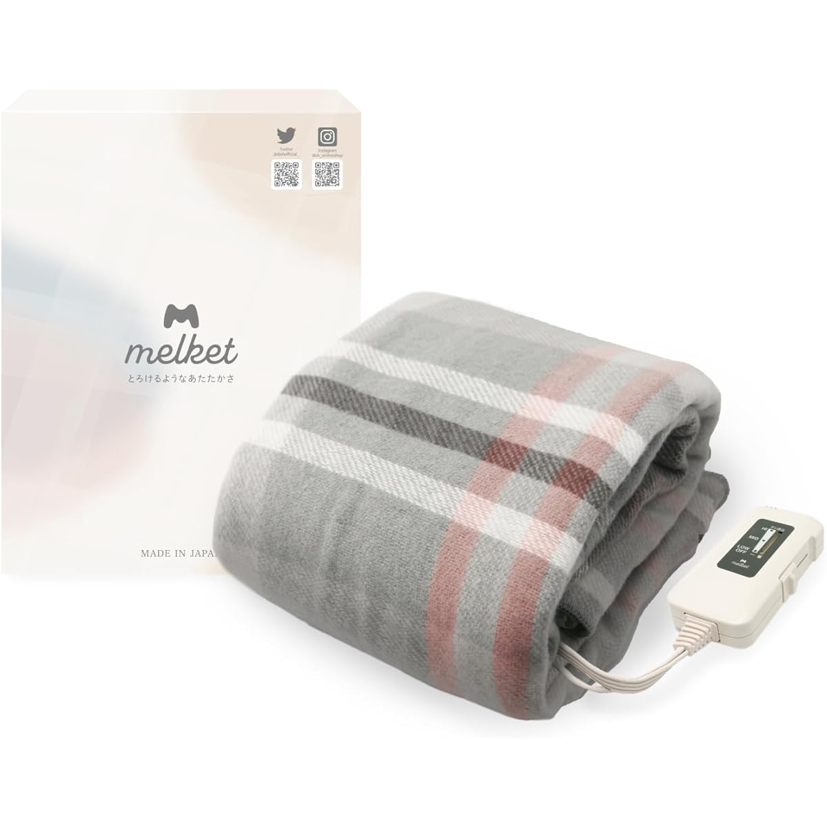 melket electric blanket, electric blanket, lap blanket, can be used as a blanket, made in Japan, 140 x 82 cm, washable, energy saving, dust mite extermination, stepless temperature control, gray check, gift