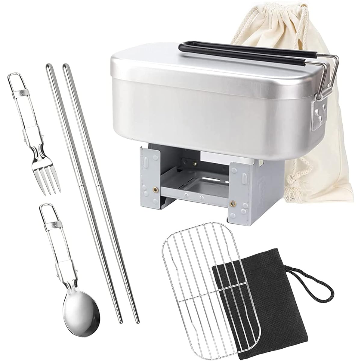 Mestin Pocket Stove, Chopsticks, Spoon, Fork, Badami, 7-Piece Set for Outdoor Use, Made of Aluminum, Deburred, Camping Equipment, For Disaster Semi-Automatic Rice Cooking, Storage Bag Included "Parallel Import Product"