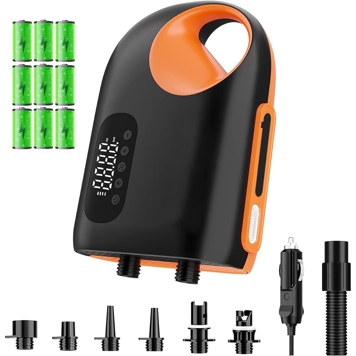 OBEST SUP Pump 20PSI Electric Paddle Board Pump Electric Air Pump for SUP Compatible with both air inlet and air vent Comes with 6 types of nozzles Automatic stop function Compatible with 12V DC car connector