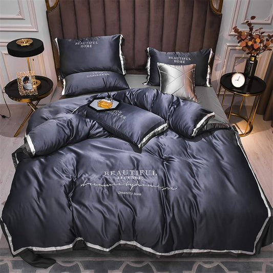 Bedspread, double, 4-piece set, silk-like material, fitted sheet, smooth, duvet cover, cool, 2 pillowcases, embroidered, gentle to the touch