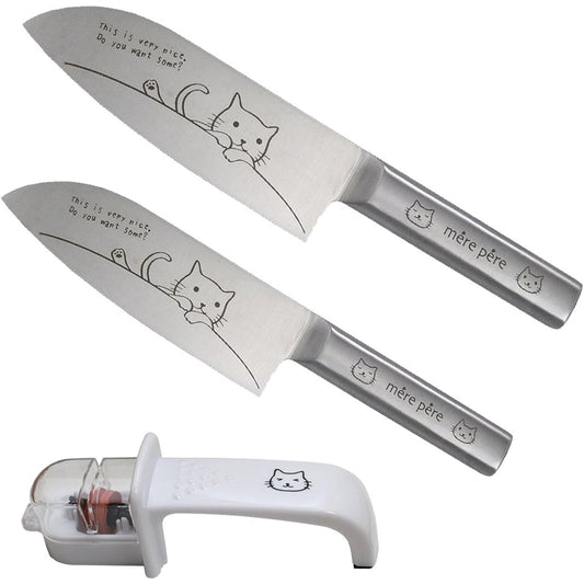 Merpere Cat Santoku Knife Pair Set [Original cat pattern with knife sharpener]