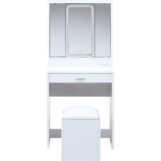 Fujiboeki Dresser Dresser Stand Width 60 x Depth 39 x Height 130 cm White Three-sided Mirror with LED Light Stool Storage 99546