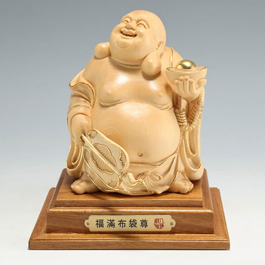 Buddha statue, wood carving, Hotei-sama figurine, high quality wood carving made of cypress wood (height 15cm x width 11cm) Money luck amulet