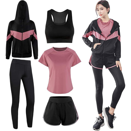 [CARLIE KLOSS] Yoga Wear, Women's Sportswear, Suit, 5 Piece Set, Fitness, Sweat Absorbent, Quick Drying, Breathable, Stretchable, Training, Running, Gym, Top and Bottom Set