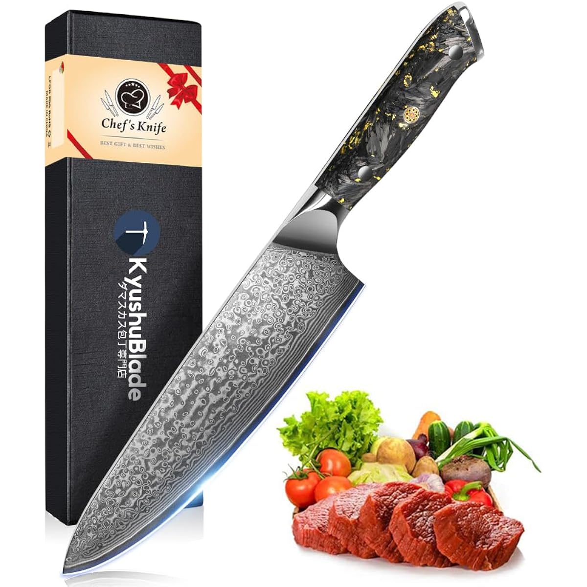 Kyushublade Chef's Knife, Professional Damascus Knife, Chef Knife, 7.9 inches (200 mm), Kitchen Utensils, Santoku Knife, 67 Layers of High Carbon Stainless Steel, Ergonomic G-10 Handle & Triple Rivet