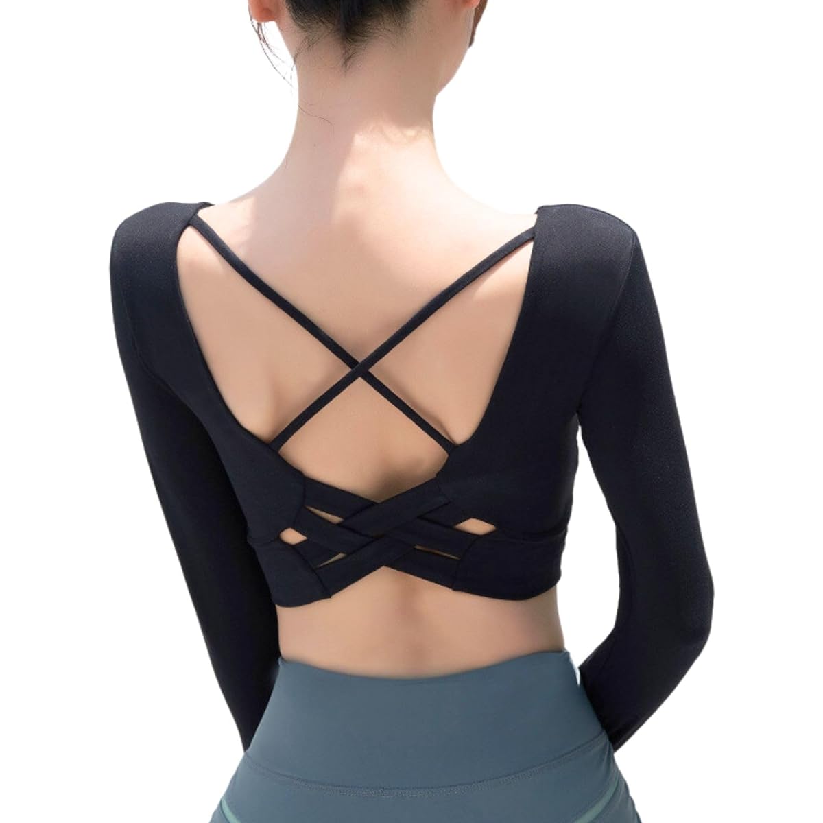[VeroMan] Yoga Tops Long Sleeves with Cups Stylish Cross Back Short Length Sports Wear ppi-lse031