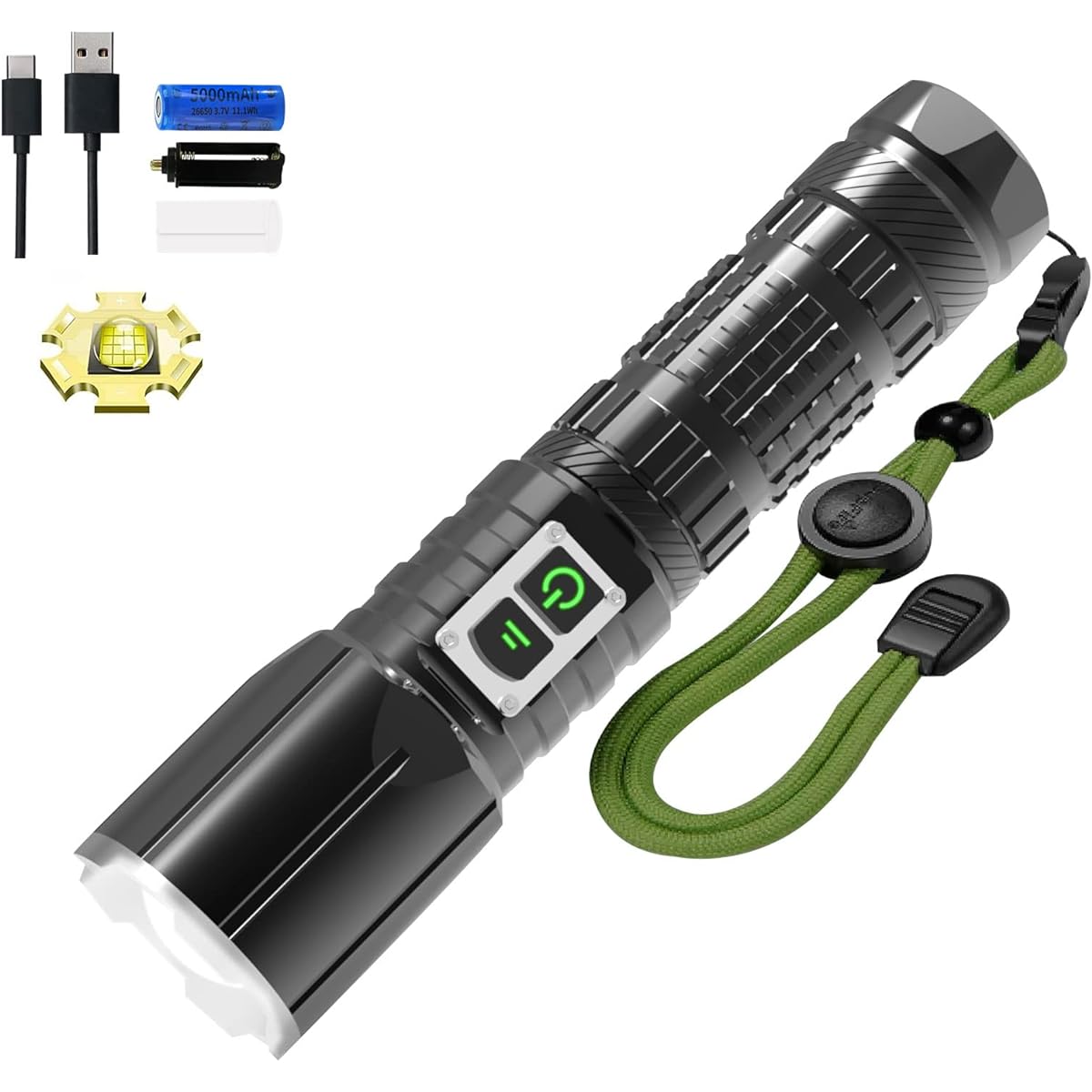 [XHP160 LED Light] Flashlight, Powerful, Military, 30,000 Lumens, USB Rechargeable, LED Light, Handheld Light, Zoom Type, 5 Modes Dimming, USB Output/TYPE-C Input, Compact, IPX6 Waterproof, Aluminum Alloy, SOS, Self-Defense, Disaster Prevention, Earthqua