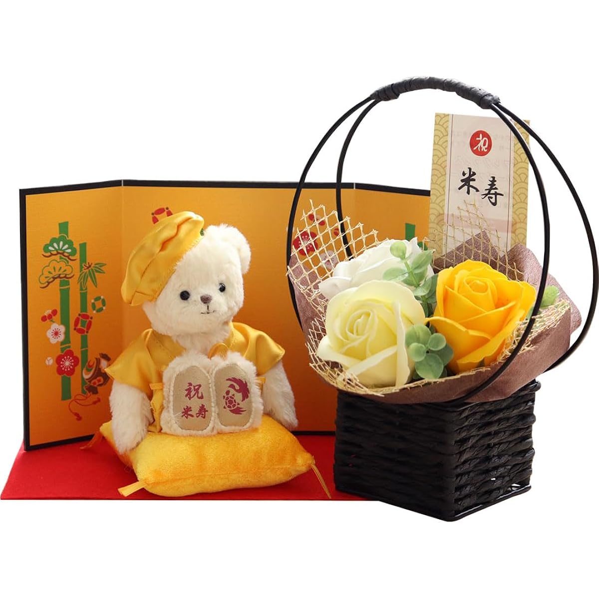 [Petile Lou] A celebratory teddy bear wearing a yellow Chanchanko gift for Beiju (gold folding screen fragrance soap flower)