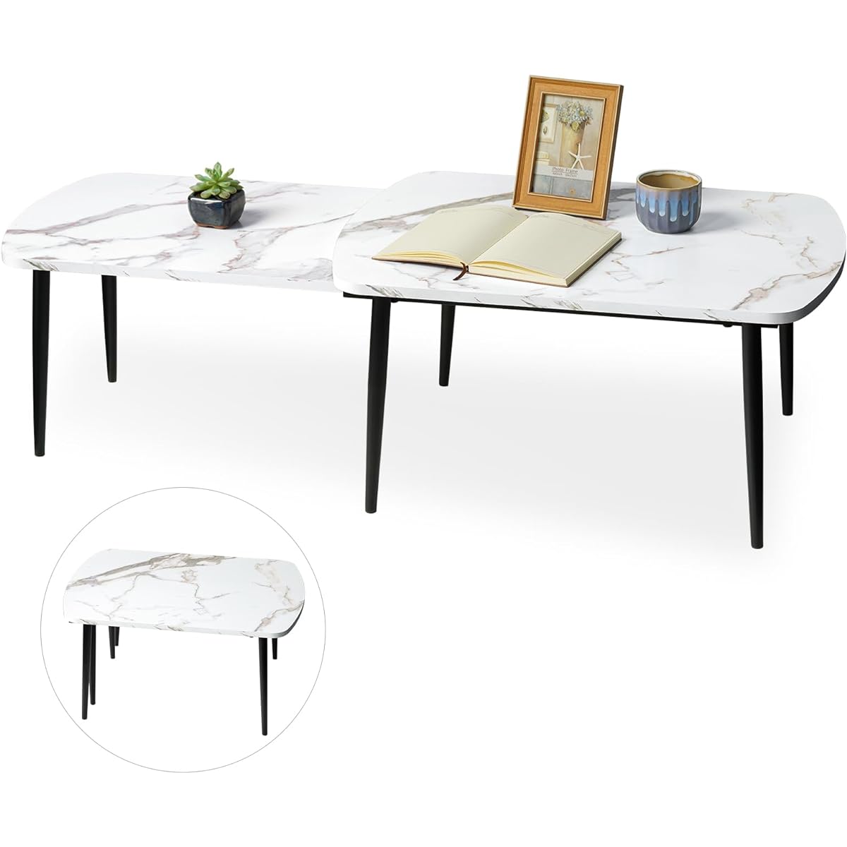 LYNCOHOME Low Table Living Table Sliding Stylish For Single Living Space Saving Marble Style Scandinavian Style [Width 70-120 x Depth 50 x Height 34cm]