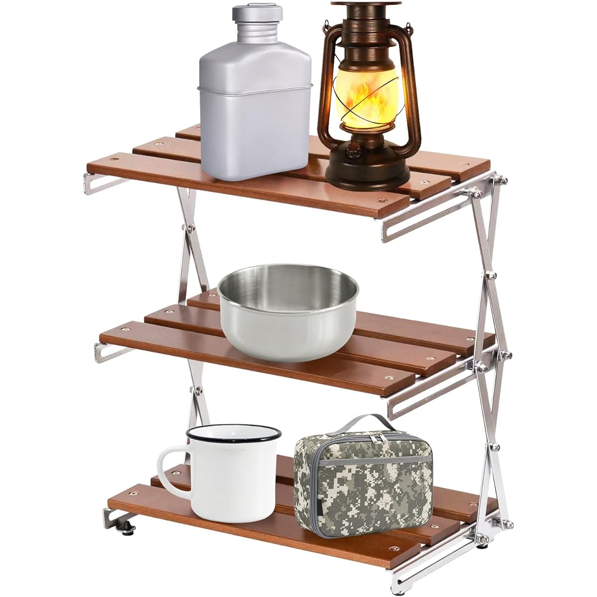 Camping Shelf Folding Rack Camping Rack Wooden Outdoor Rack Tabletop Storage Rack 3 Tier Rack Camping Folding Width 30cm x Height 34cm Desktop Shelf Lightweight Desk Rack Compact Easy to Assemble Storage Bag Included