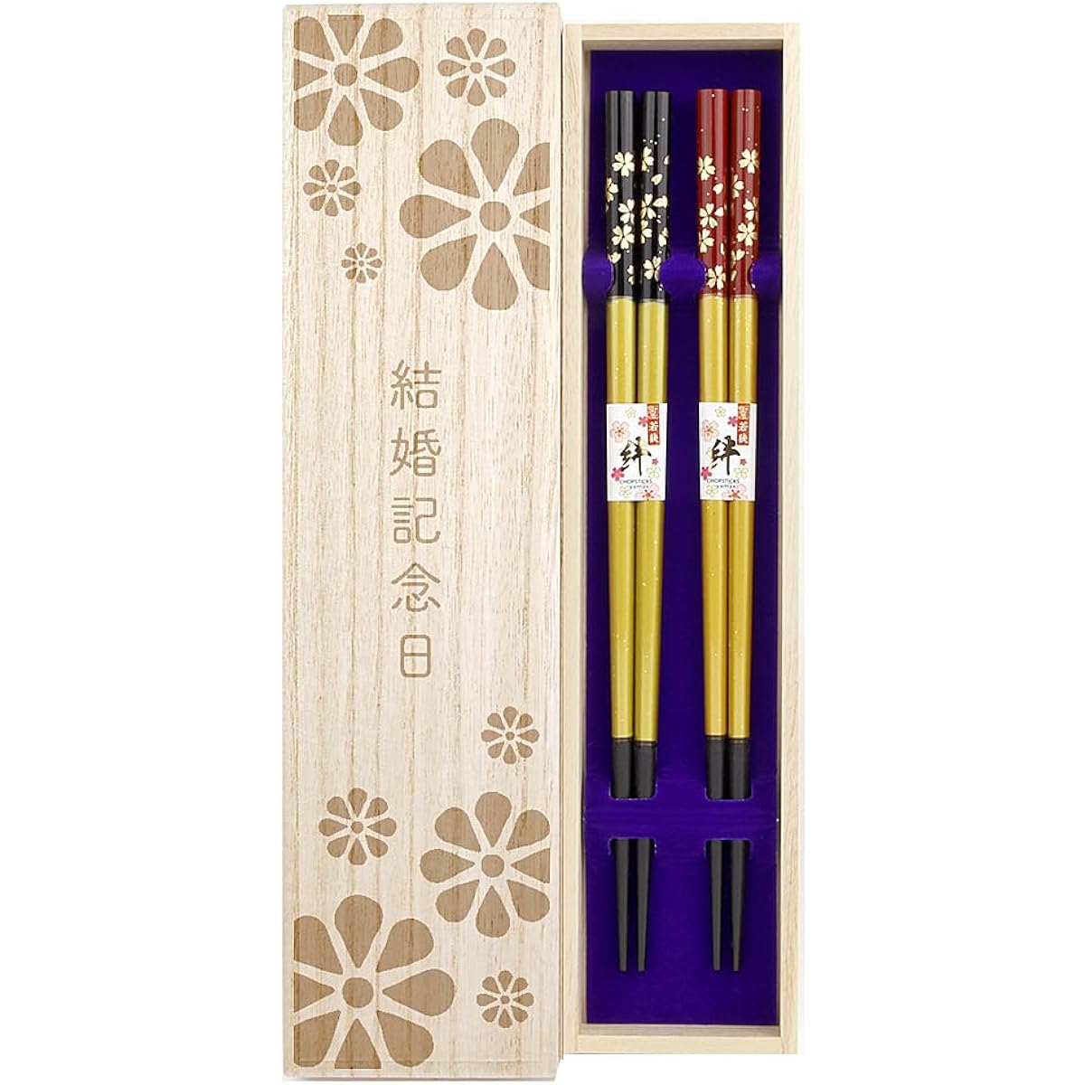 Couple chopsticks, Kinmaizakura, black, red, dishwasher safe, with paulownia box and wrapping, wedding anniversary, parents, father, mother, golden wedding, silver wedding, wooden wedding, celebration, present, gift [179]