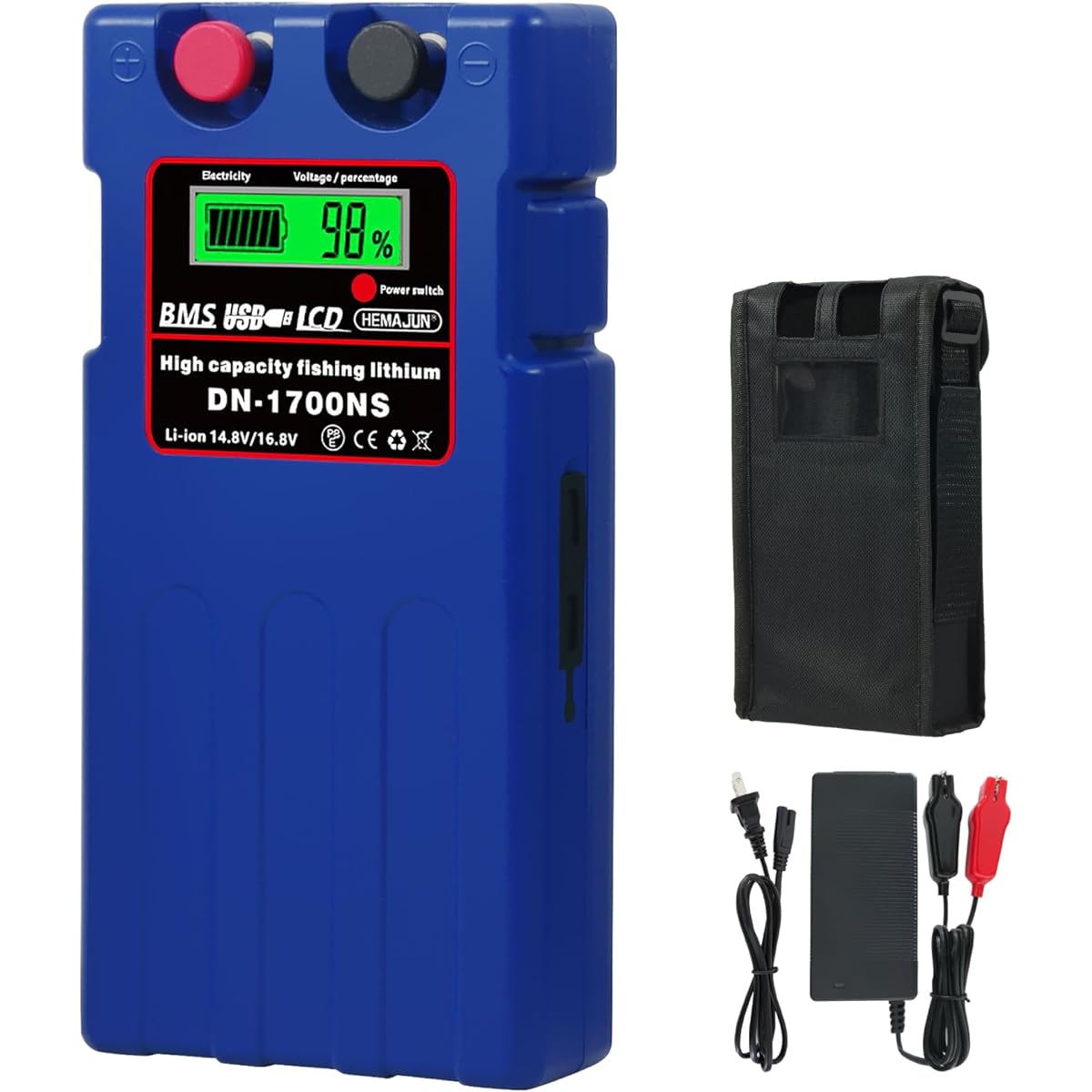 HEMAJUN Electric Reel Battery 10400mAh/14000mAh 16.8V Large Capacity Super Lithium Battery DN1700NS 3.0A Quick Charger Reversible Pouch Included Multifunctional USB 2 Boat BMS Protection Compatible with Daiwa/Shimano Electric Reels