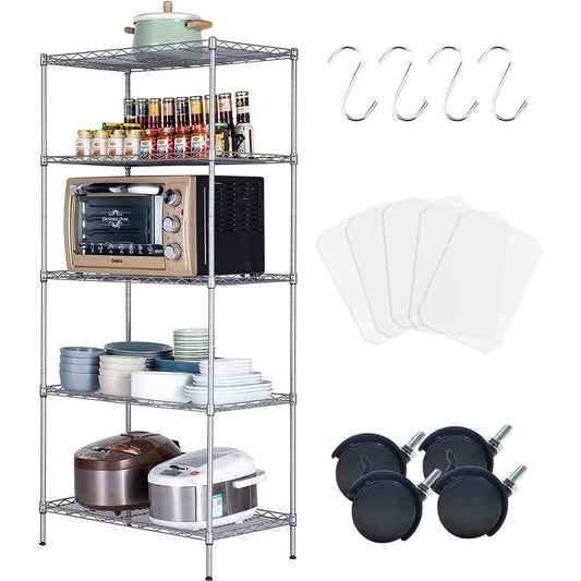 Steel Rack, Metal Rack, Kitchen Rack, Main Body, Height Adjustment, 5 Tiers, Rust Resistant, Storage, Sturdy, with Casters, Silver, Width 70 x Depth 40 x Height 150 cm