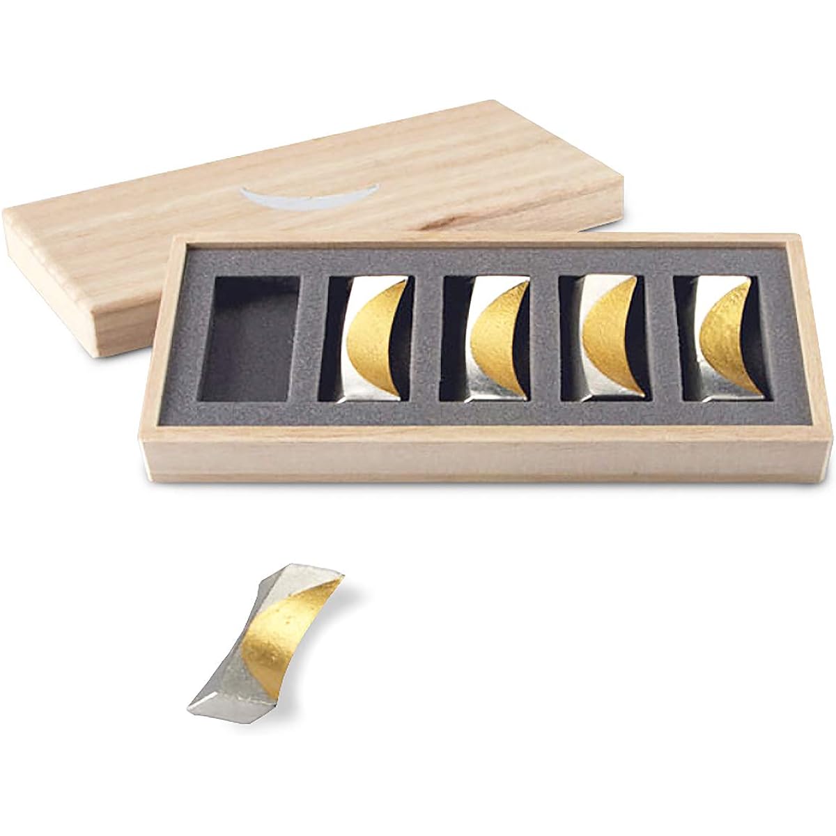 Nousaku Chopstick Rest - "Moon" - 5 Pieces Gold Leaf H0.7cm W4.1cm D2.2cm 100% Tin Paulownia Box Made in Japan 511710/Hashiok Chopstick Rest